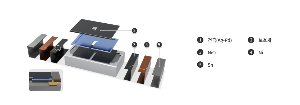 Anti Sulfur Resistor 부품 구성요소[1.전극(Ag-Pd), 2.보호체, 3.NiCr, 4.Ni, 5.Sn]